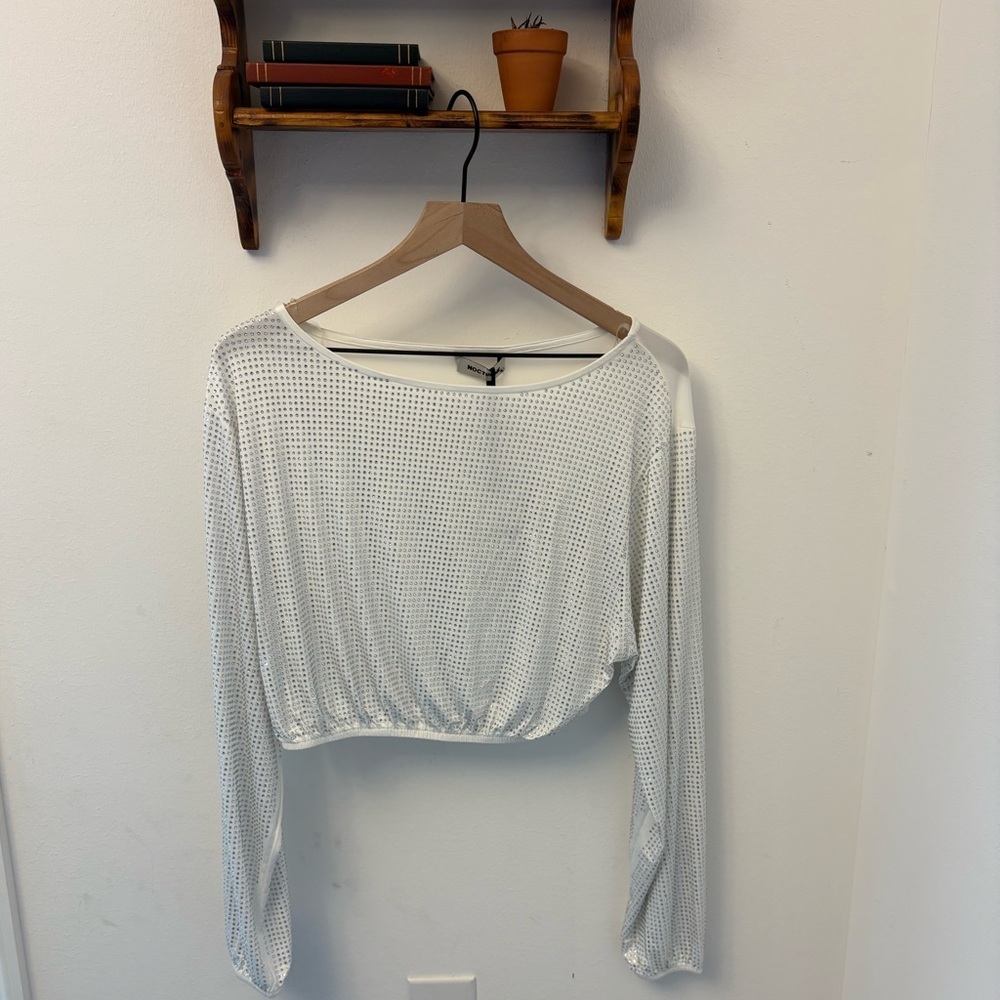 Women’s White Cropped Long-Sleeve Mesh Top